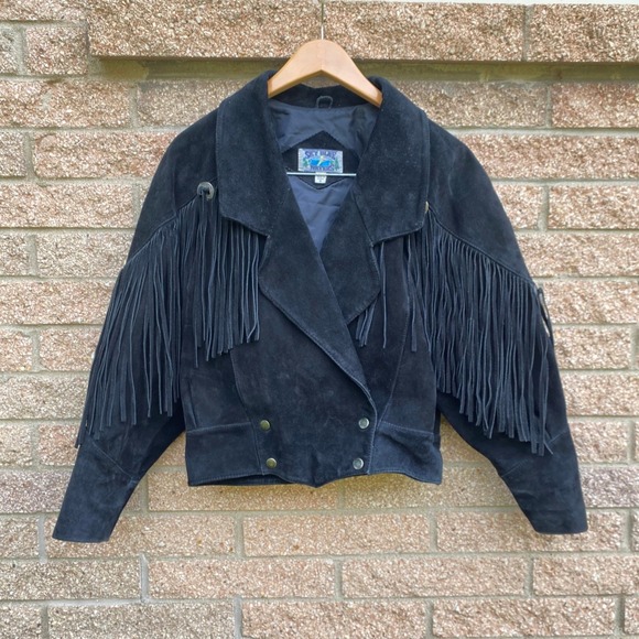 Vintage Jackets & Blazers - Vintage Suede Fringe Western Black Jacket Small Cowboy Festival Americana Boho